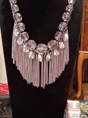 Chunky Lucite Choker Bib Statement Necklace & Pink Leather Cuff Bracelet Lot